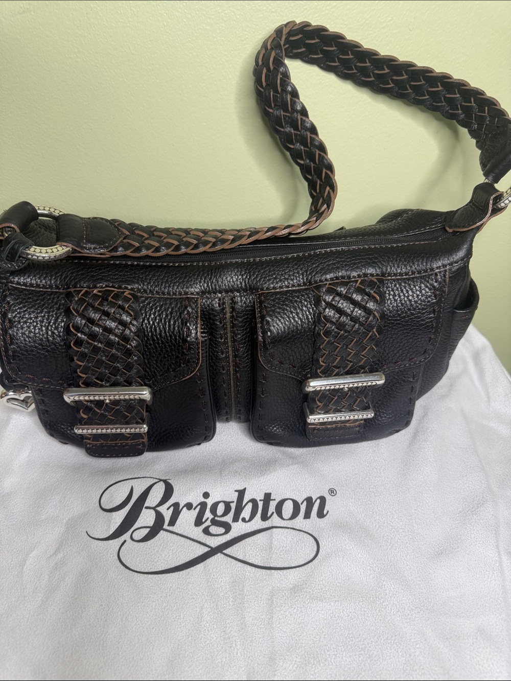 Brighton Black Braided Leather Shoulder Bag with Silver Buckles